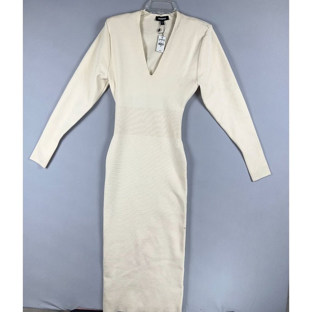 Express Midi Sweater Dress Size XS Bodycon Back Cutout Stretch Cream Was $128